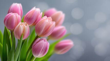Fototapeta premium Elegant Arrangement of Soft Pink Tulips with Gentle Bokeh Background in Decorative Floral Display