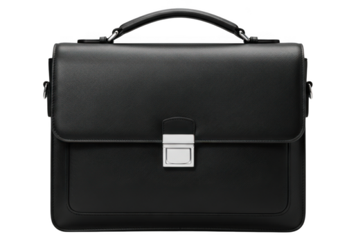 Elegant black textured leather briefcase with silver buckle and top handle isolated on transparent background