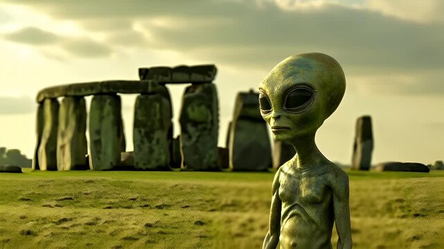 A surrealistic depiction of an extraterrestrial figure standing in a grassy field with a stone structure in the background. The figure is greenishbrown with a humanoid shape and large.
