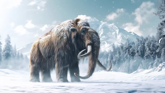 A detailed digital artwork of a woolly mammoth in a snowy landscape. The mammoth is depicted with a realistic yet slightly stylized appearance, showcasing its thick fur, curved tusks, and large.