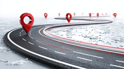 A winding road with multiple location markers, indicating a journey or path. The markers are positioned along the road, symbolizing direction and progress