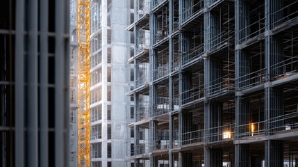 Construction Site with Cranes Presenting Columns and Framework of Buildings Under Development Captured During Golden Hour for Urban Architecture Aesthetics
