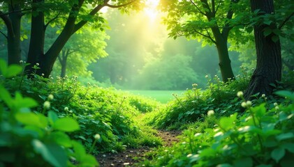 Fototapeta premium Serene green landscape, lush foliage, vibrant nature, peaceful scene evoking feelings of tranquility and calm Perfect for relaxation, wellness, and nature-themed projects , jade, countryside