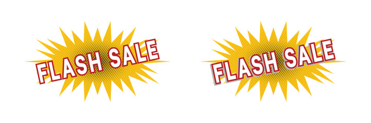 Flash sale comic style burst label vector with halftone yellow background and bold red text. Perfect for discount promotion ads.