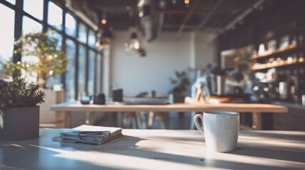 Morning serenity in modern cafe with coffee cup and sunlight rays