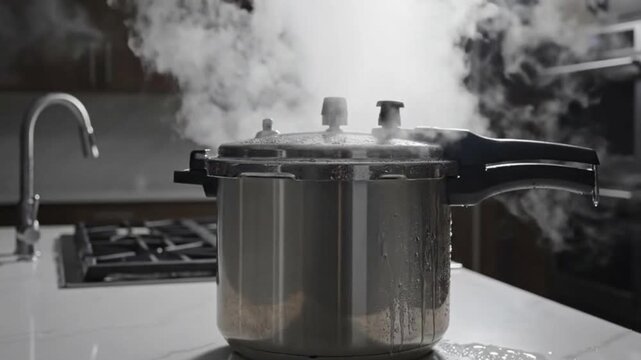 Advertisement shot of a modern pressure cooker releasing steam in the kitchen