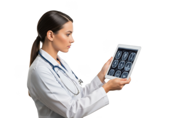 Professional female physician wearing white coat and stethoscope examining medical scans on a digital tablet isolated on transparent background