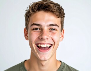 A joyous young man beams with a wide bright smile