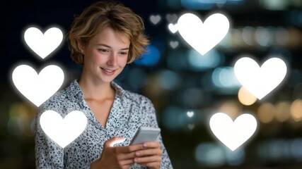 29Smiling young woman scrolling smartphone with luminous floating symbols of engagement surrounding her, dark blurred background enhancing light contrast