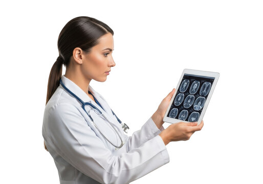 Professional female physician wearing white coat and stethoscope examining medical scans on a digital tablet isolated on transparent background - Powered by Adobe