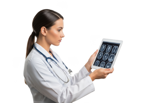 Professional female physician wearing white coat and stethoscope examining medical scans on a digital tablet isolated on transparent background