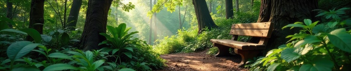 Obraz premium Serene rainforest scene featuring a rustic wooden bench nestled amongst lush vegetation, sunlight dappling through the canopy Perfect for relaxation and nature themes , tropical, nature, vibrant