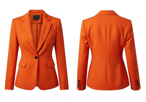 Stylish orange blazer jacket displayed front and back views isolated on transparent background