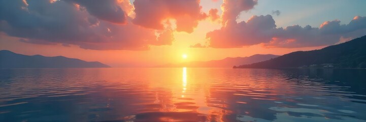 Fototapeta premium Serene sunrise over tranquil water, reflecting the peaceful promise of a hopeful new day Perfect for themes of mindfulness, inner peace, and spiritual growth , sunrise, lake