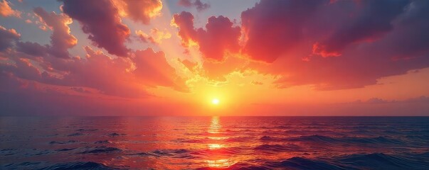 Serene sunset over a tranquil ocean, fiery hues painting the sky and water Perfect for travel, nature, and relaxation themes , daybreak, horizon, seascape