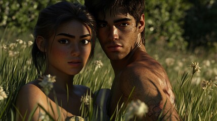 Serene Young Couple in Lush Meadow