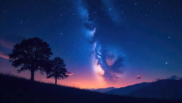 Silhouetted trees against a star-filled night sky, conveying a sense of peace and spiritual reflection Perfect for meditation, mindfulness, and spiritual themes , silhouette, wonder, cosmic