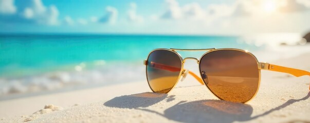 Stylish sunglasses casually resting on a sun-drenched beach, reflecting the vibrant sky and ocean Perfect for summer, vacation, and travel themes A carefree, relaxed vibe , blue, trendy, relax