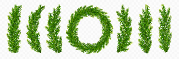 Christmas pine tree branch set realistic vector illustration on transparent background. Wreath of fir tree branches, Xmas spruce branches border. Vector illustration © wild