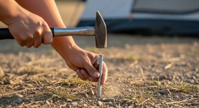 Hammering tent stakes into the ground at a campsite. - Powered by Adobe