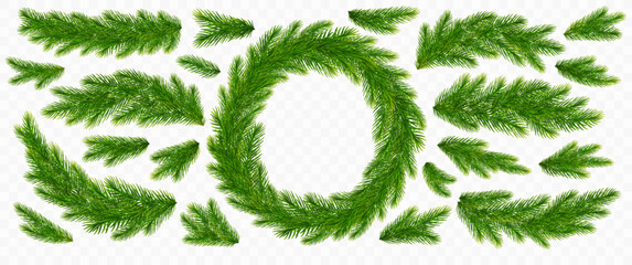 Naklejka premium Christmas wreath of fir tree. Spruce branches. Fir twigs with green needles. Realistic Christmas tree branches border isolated on transparent background for greeting New Year and Xmas cards. Vector