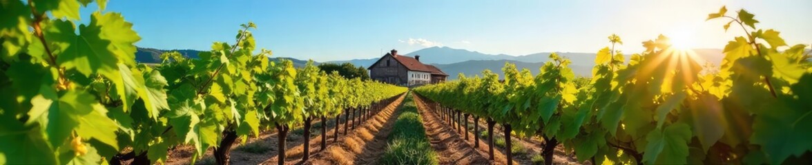 Naklejka premium Sun-drenched rows of grapevines stretching towards a rustic winery building under a clear blue sky Perfect for wine, vineyard, agriculture, and beverage imagery , beautiful, tranquil, foliage