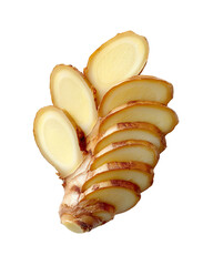 Ginger slices PNG die-cut isolated on transparent background, fresh ginger root cutout symbolizing wellness and vitality, Ginger slices PNG for organic skincare, Asian cuisine and natural food design