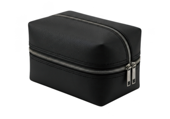 A sleek black toiletry bag with a prominent silver zipper detail presented isolated on transparent background