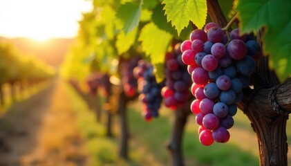 Naklejka premium Sun-drenched rows of ripe grapes hanging heavy on the vine, ready for harvest Lush green foliage frames the perfect autumn vineyard scene , grape harvest, clusters, beautiful