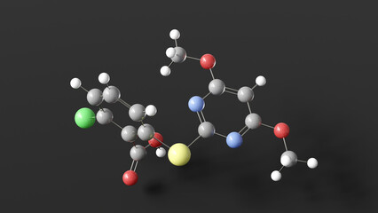 pyrithiobac molecule 3d, molecular structure, ball and stick model, structural chemical formula herbicide