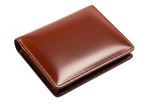 A rich brown leather bi fold wallet with a sleek design presented on a plain background isolated on transparent background