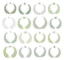 Collection of different silhouette circular laurel foliate, wheat and oak wreaths depicting an award, achievement, heraldry, nobility. Green award wreaths with crowns and stars. Ceremonial Frames
