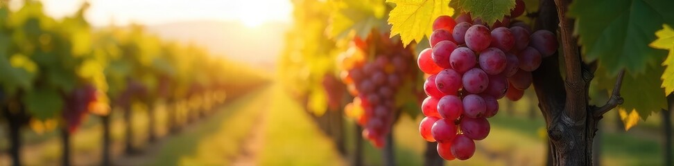 Sunlight streams through leaves onto ripe bunches of grapes hanging heavy on a vine, ready for harvest Autumn colors abound in the vineyard , fruit, harvesting, season
