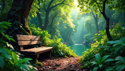 Tranquil rainforest scene featuring a rustic wooden bench nestled amongst lush greenery and vibrant foliage, inviting relaxation and contemplation in nature's embrace , jungle floor, rainforest