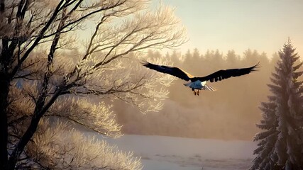 A vivid portrayal of a majestic eagle in midflight against a backdrop of a misty forest during what appears to be either dawn or dusk. The eagles wings are spread wide.