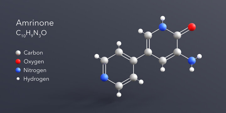 amrinone molecule 3d rendering, flat molecular structure with chemical formula and atoms color coding