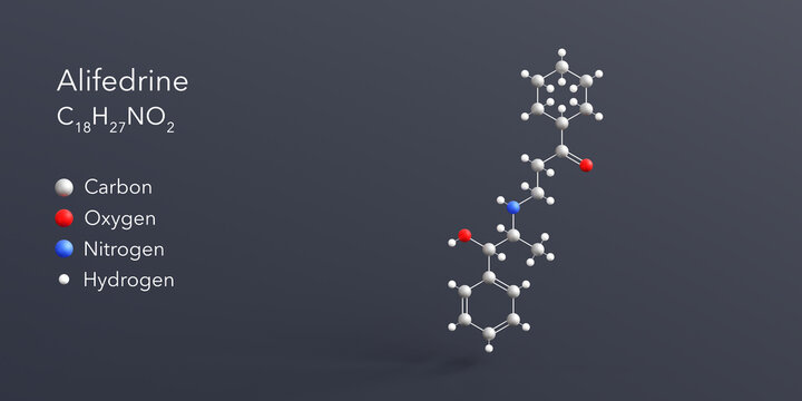 alifedrine molecule 3d rendering, flat molecular structure with chemical formula and atoms color coding