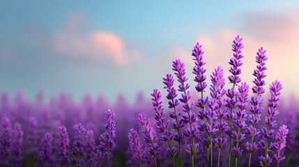 Beautiful lavender field under a bright blue sky with soft clouds creating a serene and calming atmosphere for nature lovers and gardening enthusiasts