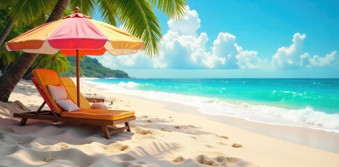 Vibrant beach scene with funky retro-styled elements, sun-drenched sand, and playful ocean waves  Perfect for summer, vacation, and tropical themes , waves, shoreline, ocean