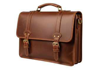 Classic vintage brown leather satchel briefcase with buckle closures and top handle isolated on transparent background
