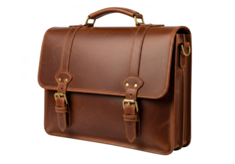 Classic vintage brown leather satchel briefcase with buckle closures and top handle isolated on transparent background