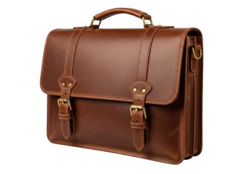 Classic vintage brown leather satchel briefcase with buckle closures and top handle isolated on transparent background