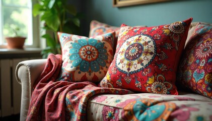 Vibrant paisley patterned cushions and throws adorn a plush, comfortable indoor space, adding a touch of bohemian elegance to the room's d?cor , interior design, pillows