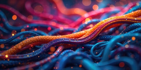 Vibrant, multicolored electrical wires and cables intertwined, creating an abstract, energetic composition Perfect for projects related to energy, technology, and electricity , high voltage, wiring