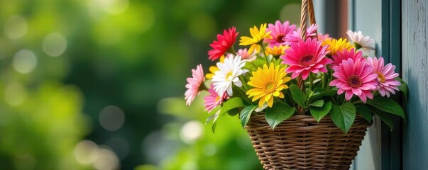 Vibrant summer flowers overflowing from a rustic woven hanging basket, creating a lush and colorful display Perfect for garden, patio, or balcony d?cor , floral, vibrant, beautiful