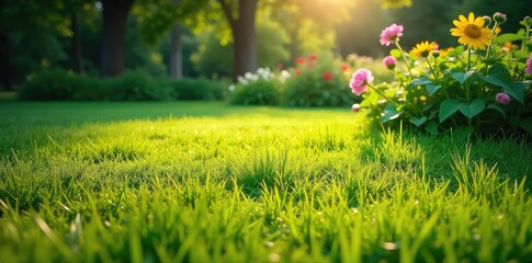 Vibrant summer scene featuring a lush green lawn, partially covered by a brightly colored outdoor carpet, perfect for picnics and relaxation , summer carpet, floor covering, colorful