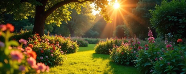 Warm evening glow illuminates a lush garden, casting long shadows from vibrant flowers and foliage Perfect for relaxation, tranquility, and summer themes , nighttime, serene