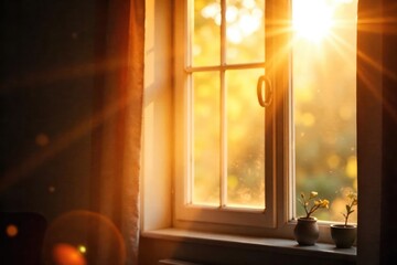 Warm sunlight streams through a bright windowpane, illuminating dust motes dancing in the golden rays Perfect for backgrounds, home decor, or spring themes , golden, cozy