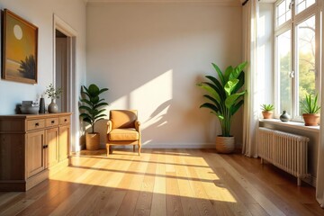 Warm, rich tones of natural wood flooring create a cozy and inviting atmosphere in this sunlit room Perfect for interior design and home improvement projects , home decor, pine