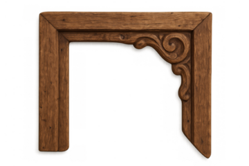 Ornate carved wooden frame forming an arch with rustic texture, decorative scrollwork, and transparent background